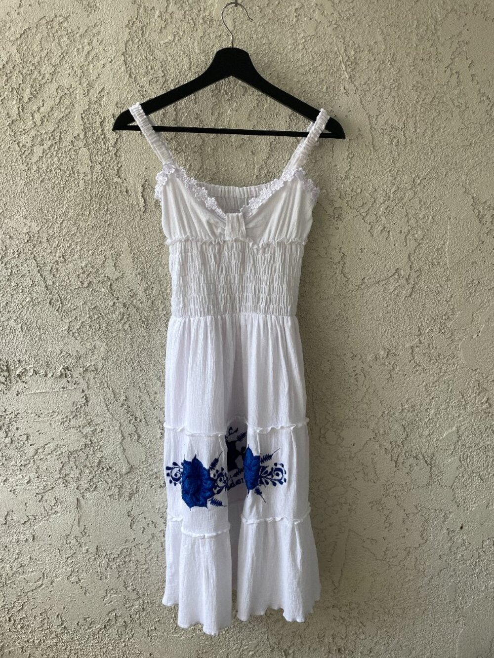 Vintage Y2K White Cotton Gauze Embroidered Smocked Midi Dress Cottagecore Boho S